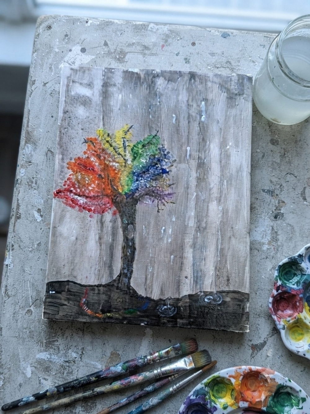 Original Rainbow Tree in Rain Canvas Art